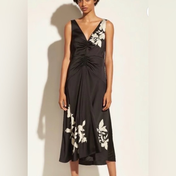 Vince Size 10 • Black Floral Satin Ruched Sleeveless Dress.